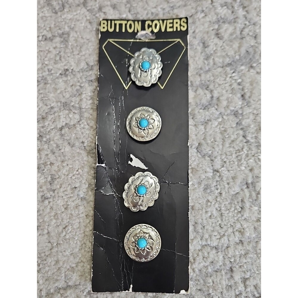Vintage Silver-Tone Turquoise Button Covers - Pack of 4